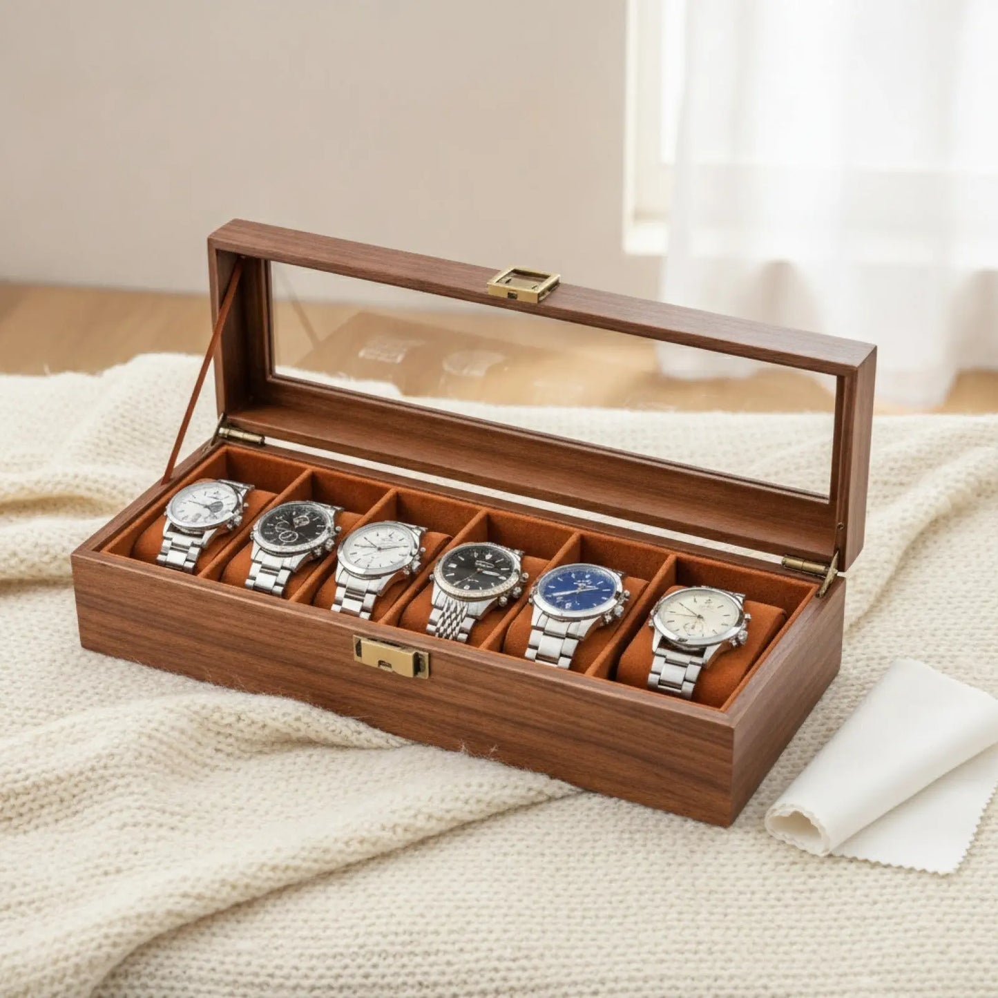 Boîte à Montre en Bois d'Acajou 6 Emplacements