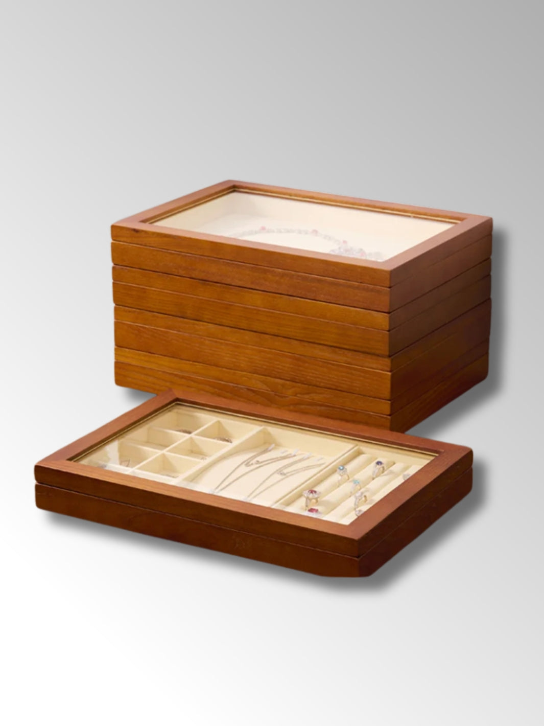 Plateau à Bijoux en Bois avec Compartiments et Couvercle