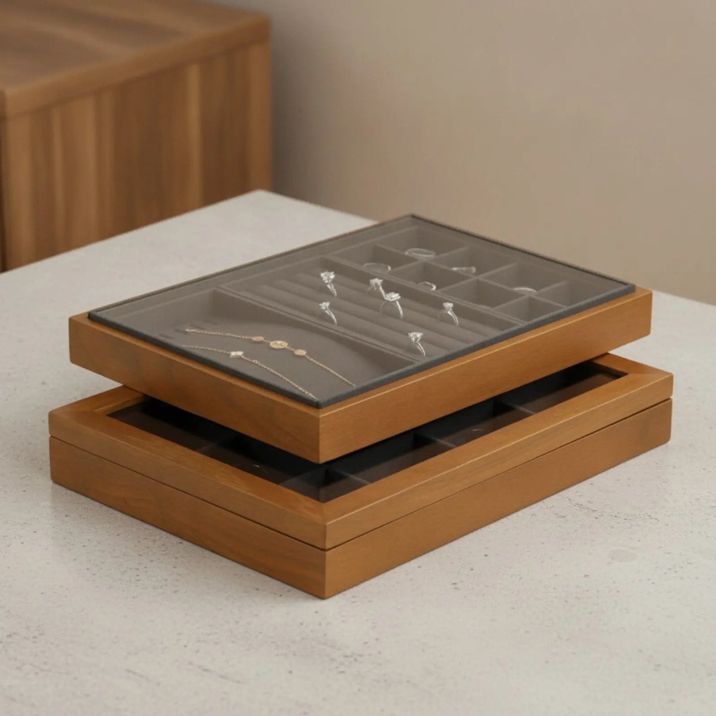 Plateau à Bijoux en Bois avec Compartiments et Couvercle