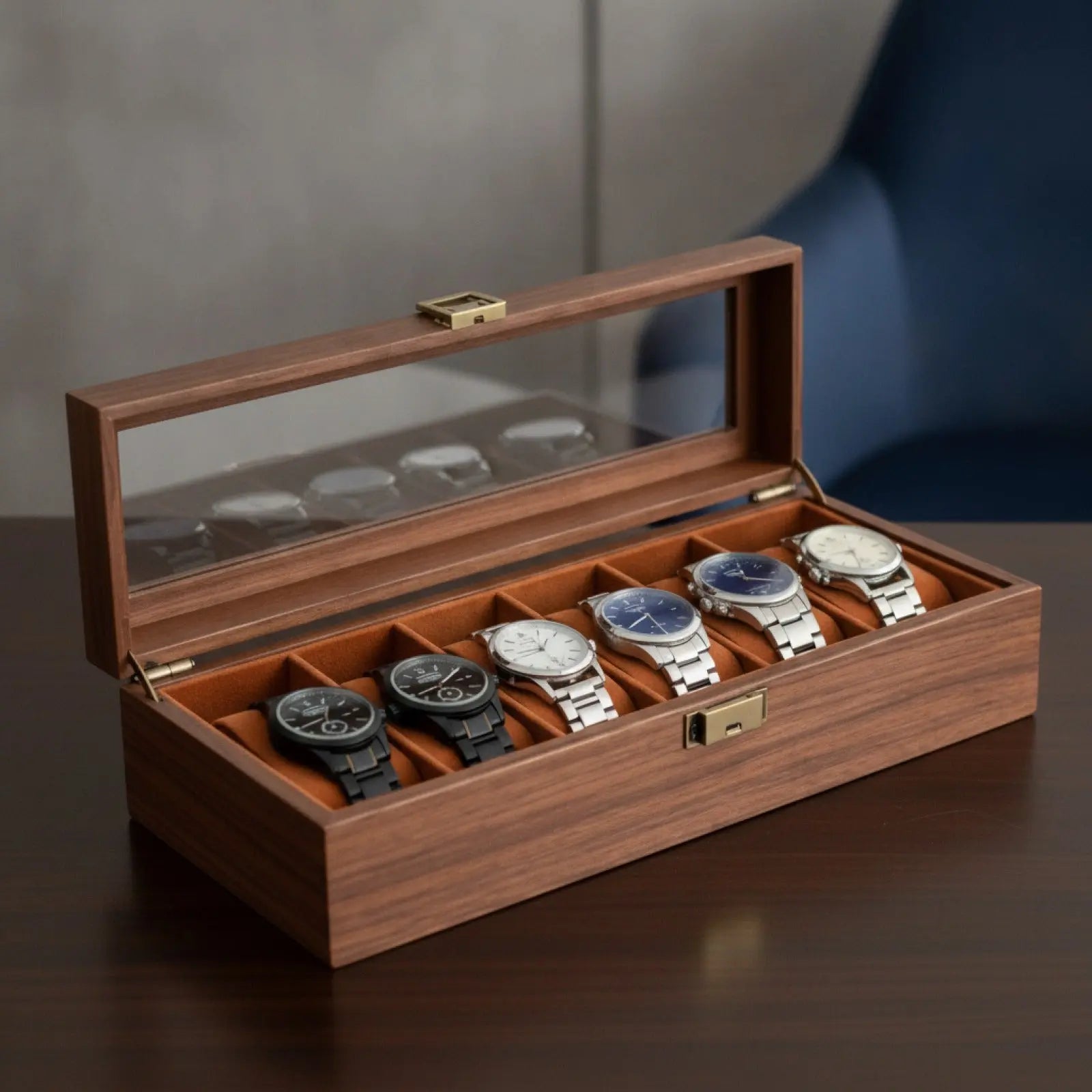 Boîte à Montre en Bois d'Acajou 6 Emplacements