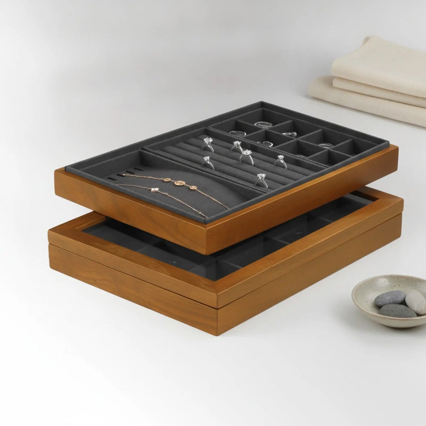 Plateau à Bijoux en Bois avec Compartiments et Couvercle