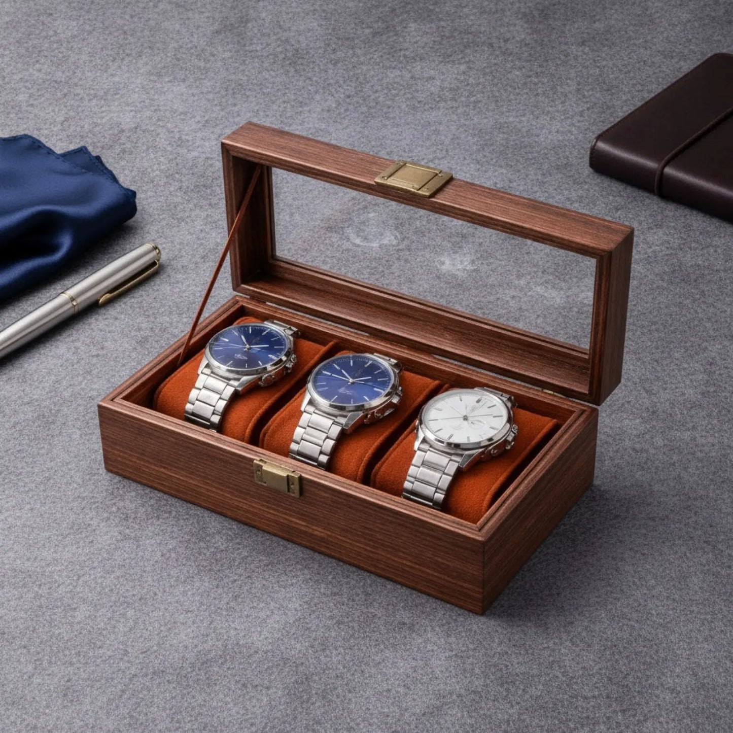 Boîte à Montre en Bois d'Acajou 3 Emplacements