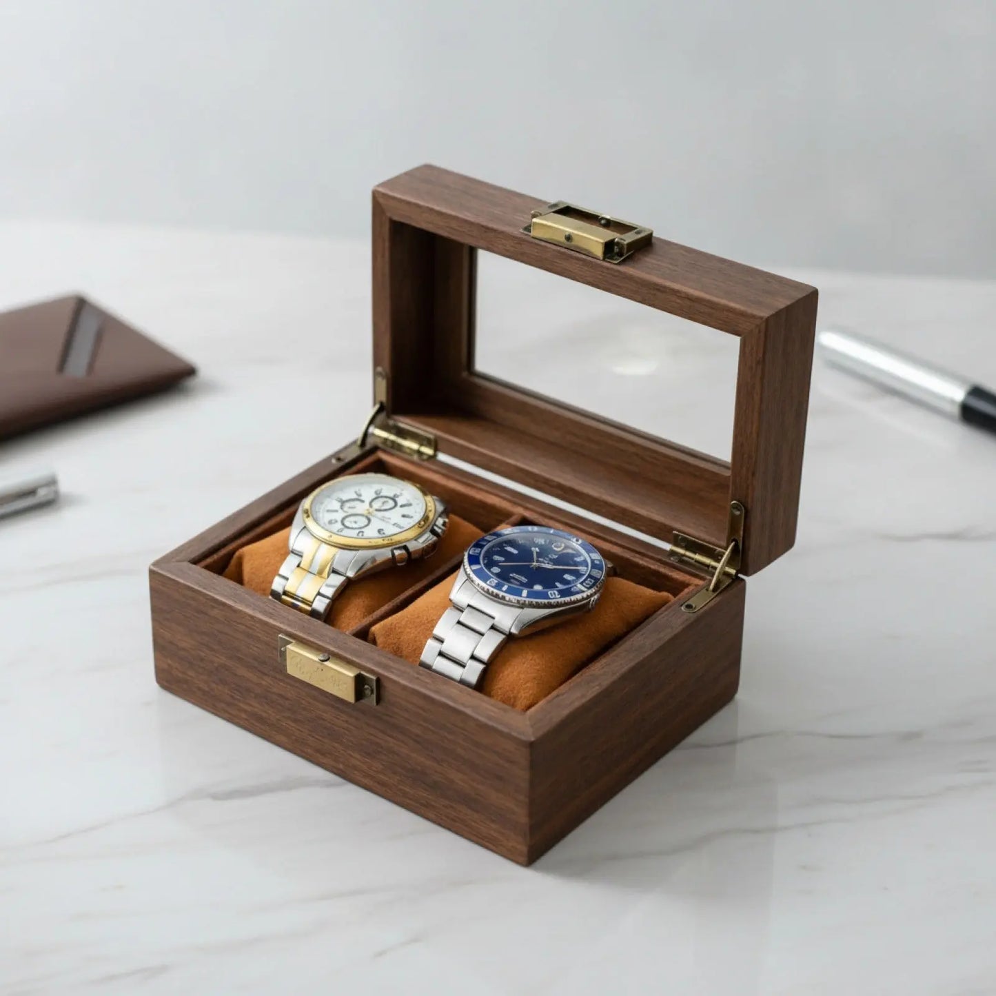Boîte à Montre en Bois de Noyer 2 Emplacements