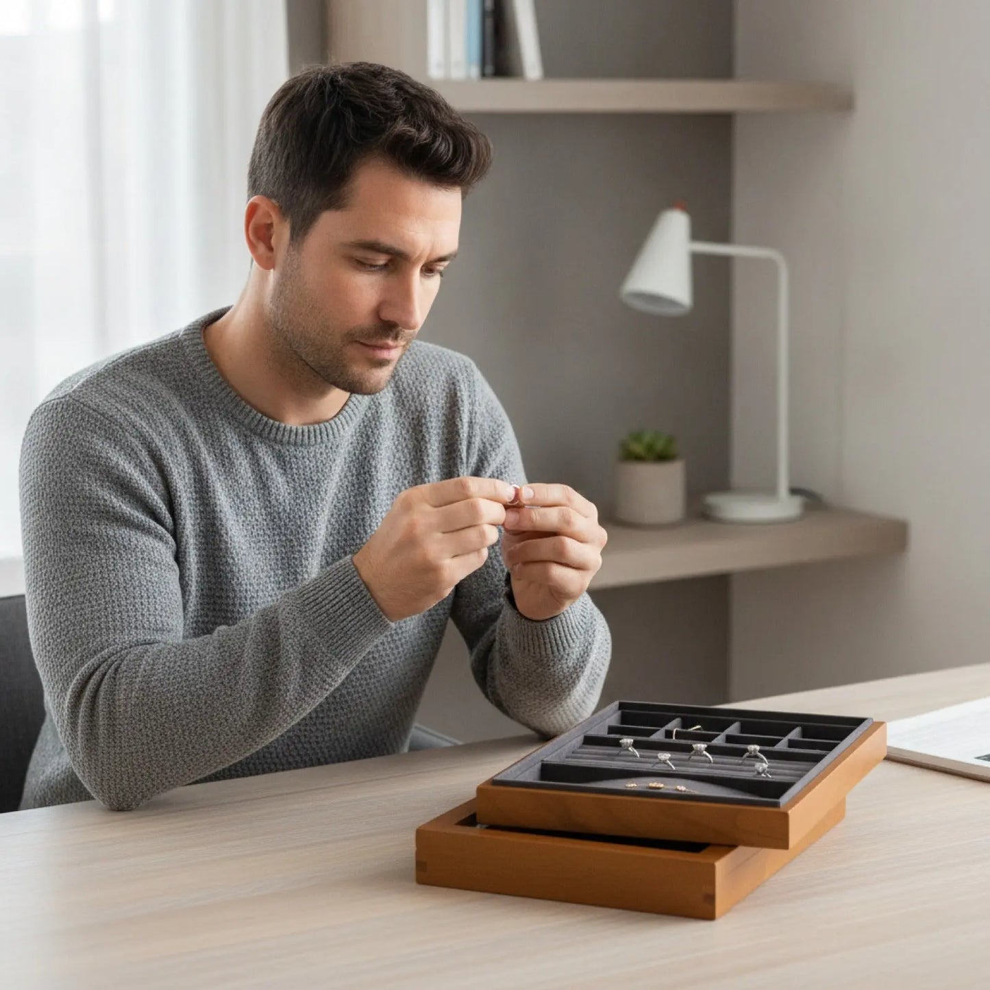 Plateau à Bijoux en Bois avec Compartiments et Couvercle